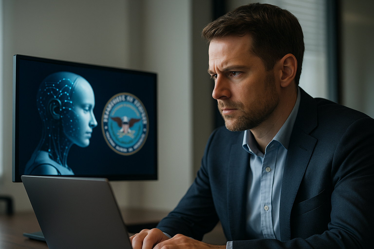 Blurred Pentagon façade with circuit patterns illustrating Anthropic DoD supply-chain risk and vendor dependency