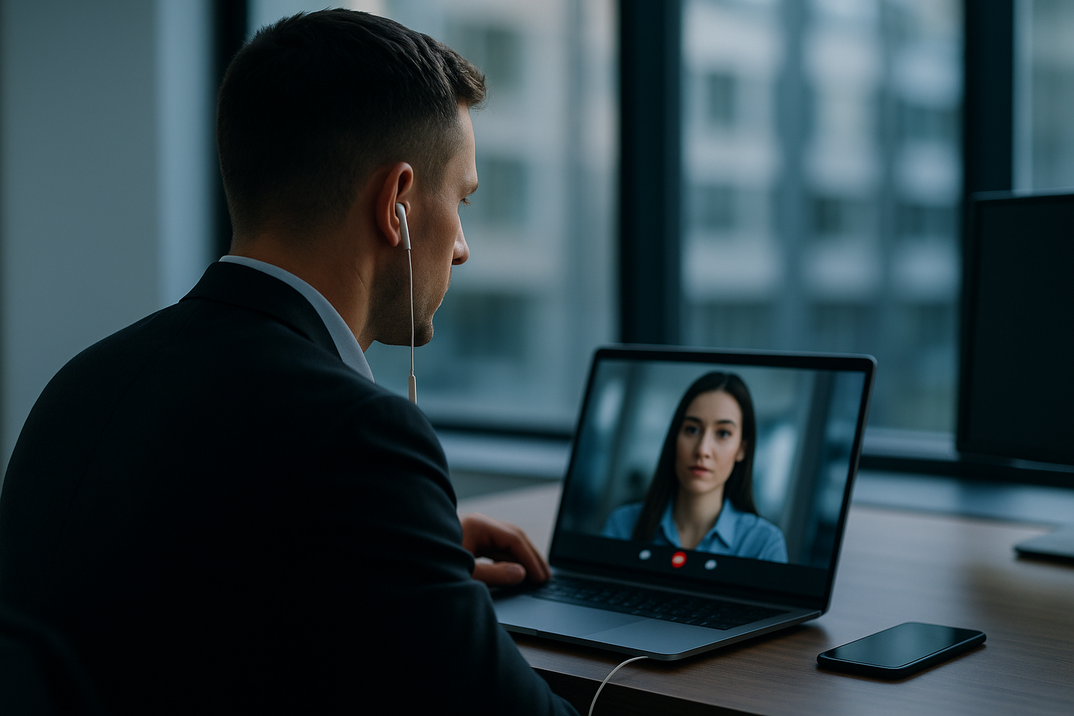 Video call illustrating AI scam face models with live deepfake overlay and voice-cloning risk