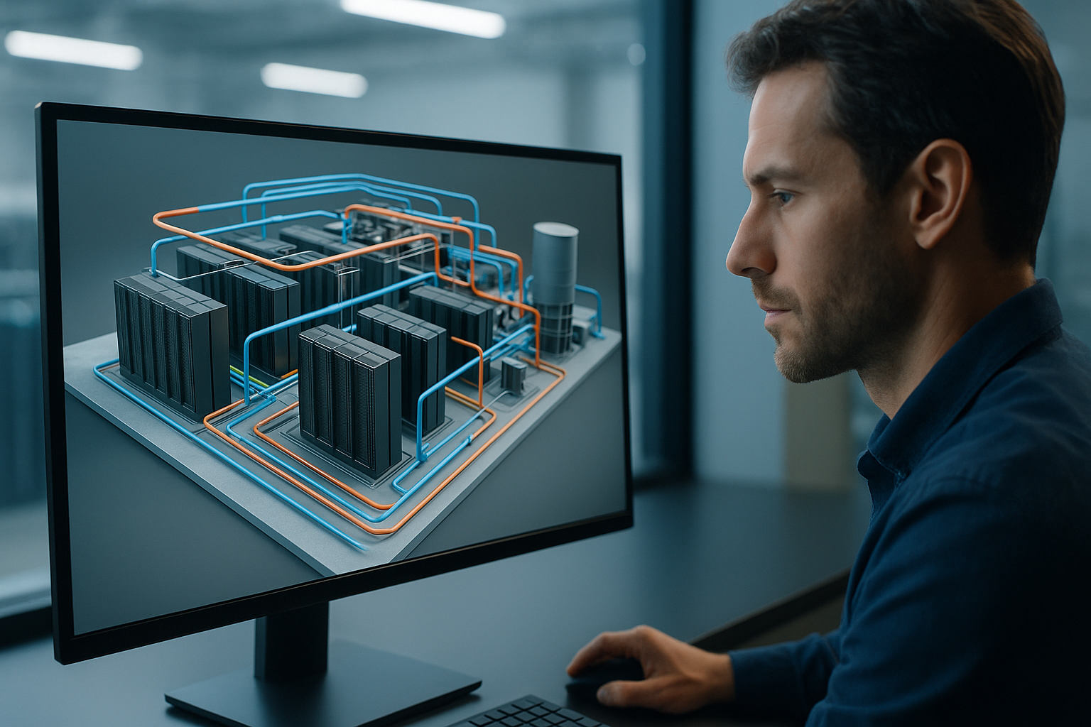 Simulated data hall in Omniverse DSX showing airflow vectors across liquid-cooled GPU racks — NVIDIA DSX digital twin for AI factories