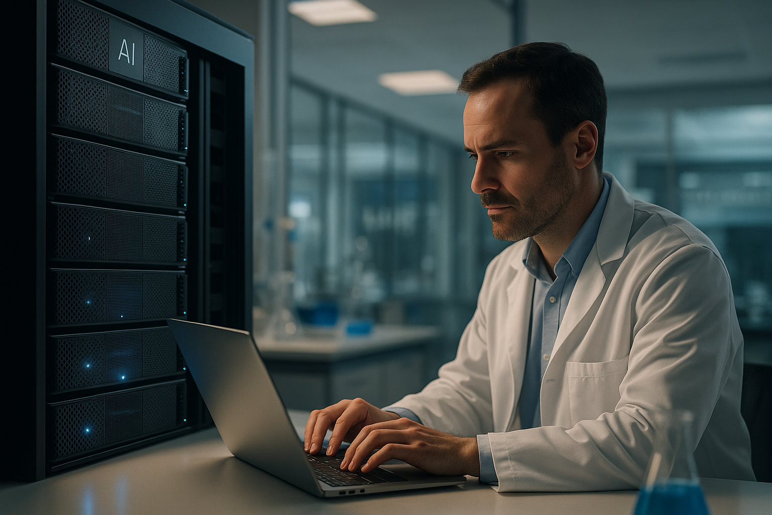 Roche research and GPU server racks showing NVIDIA AI factories in pharma powering drug discovery workflows