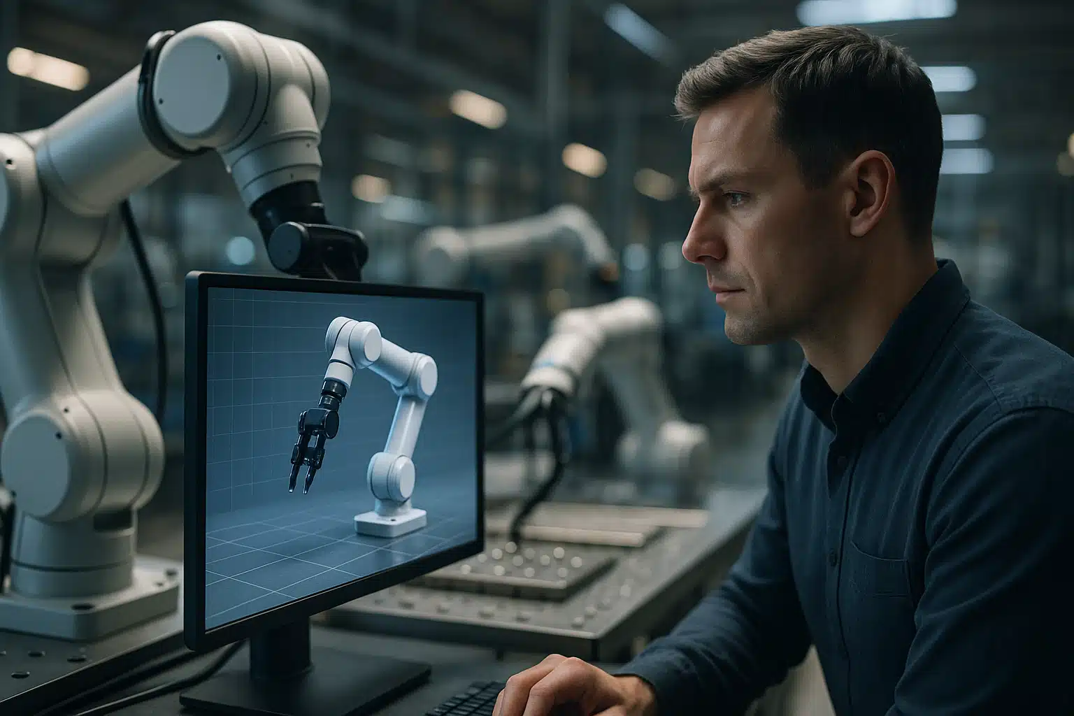 Engineers testing sim-to-real robotics for manufacturing in an Isaac Sim digital twin before factory deployment