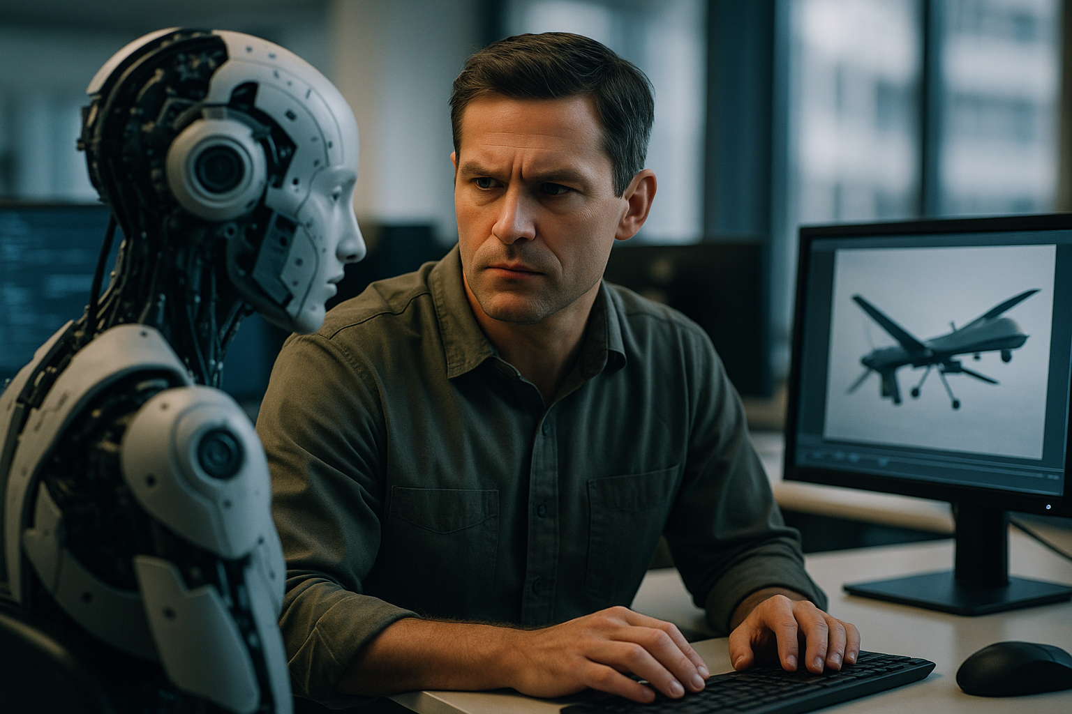 Abstract visualization of computer vision scanning drone and satellite imagery for Project Maven AI analysis