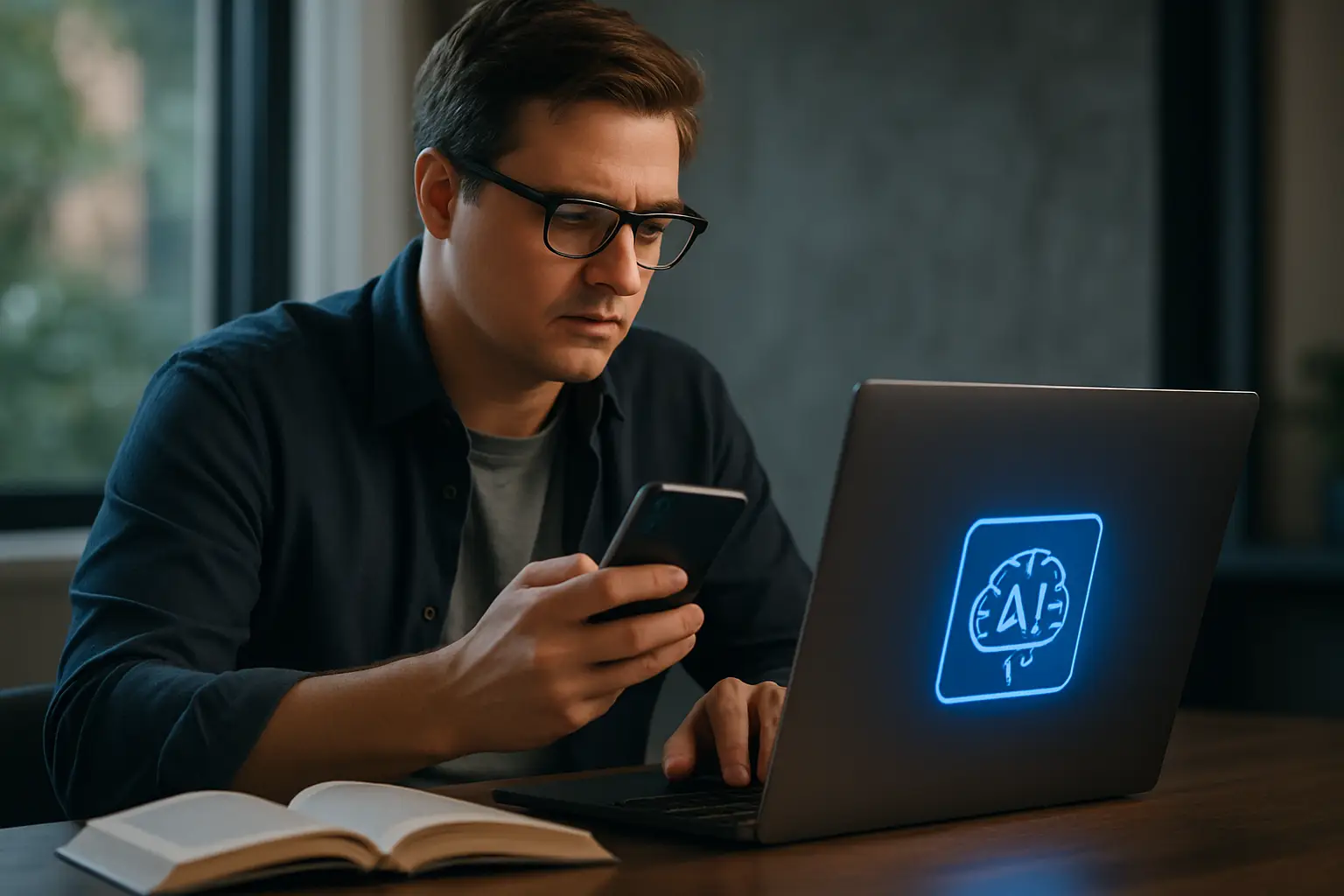 Executive practicing attention management for news consumption while reviewing AI-generated summaries