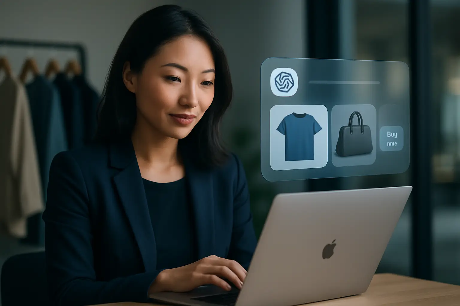 Interface mockup illustrating ChatGPT product discovery for merchants with ACP product cards, images, specs, and Instant Checkout options