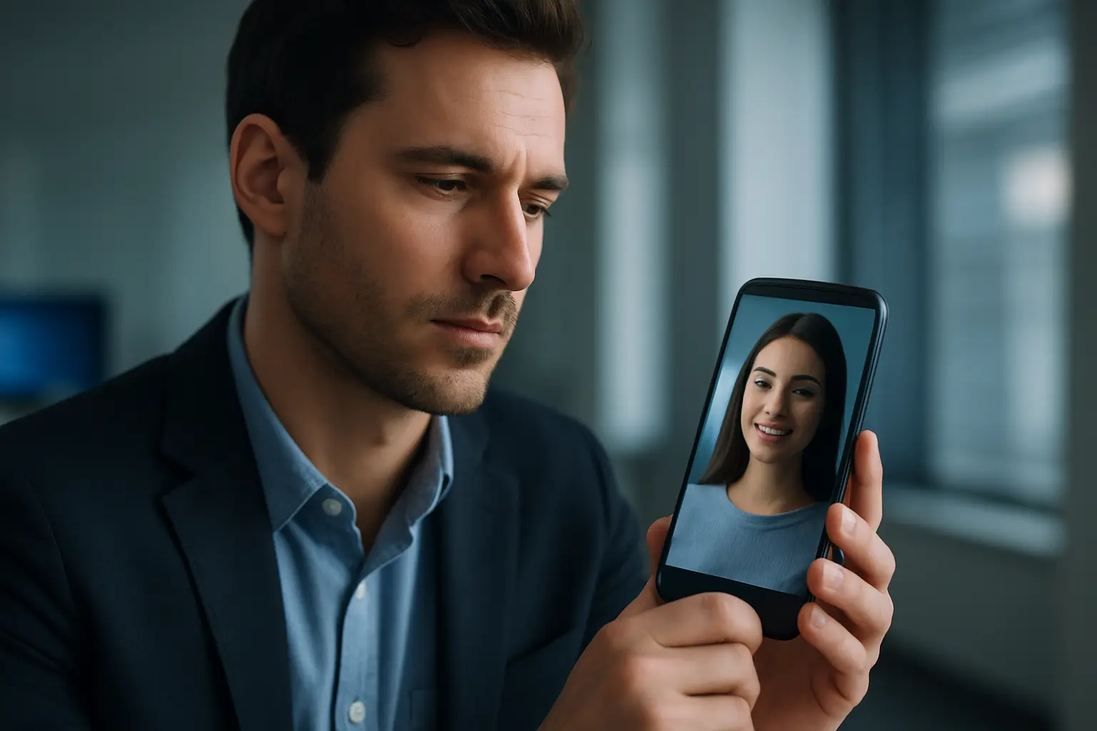 User interacting with AI romantic companions on a smartphone, illustrating intimacy, engagement, and product privacy risks