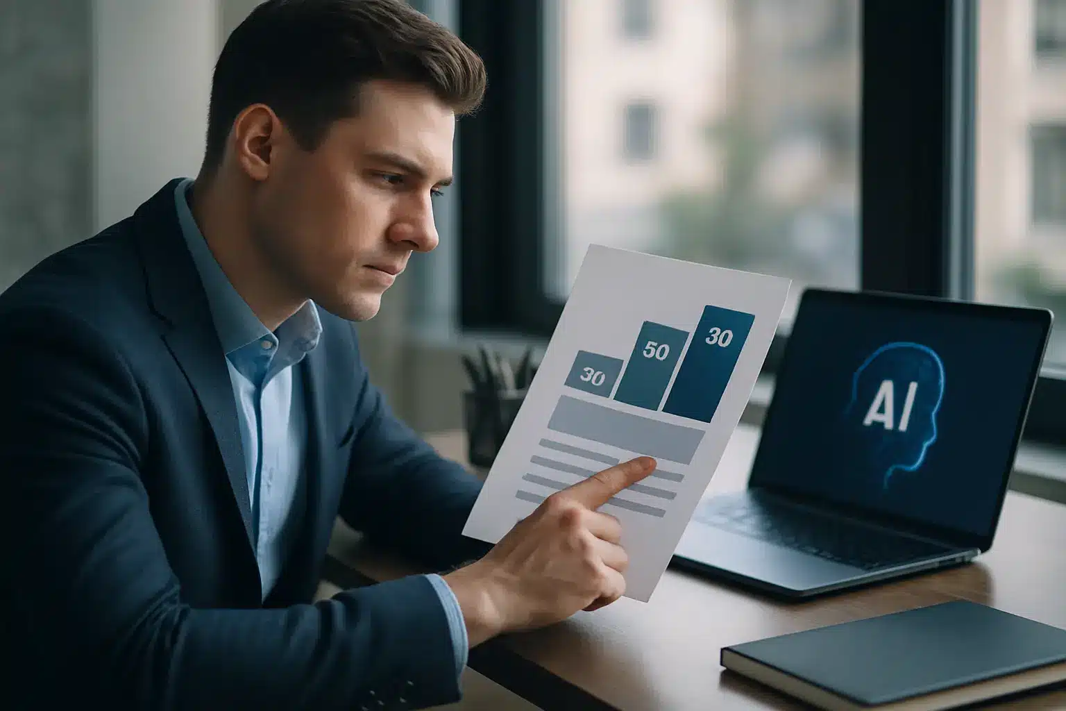 Team reviewing a 90-day AI adoption plan for small businesses on a laptop screen