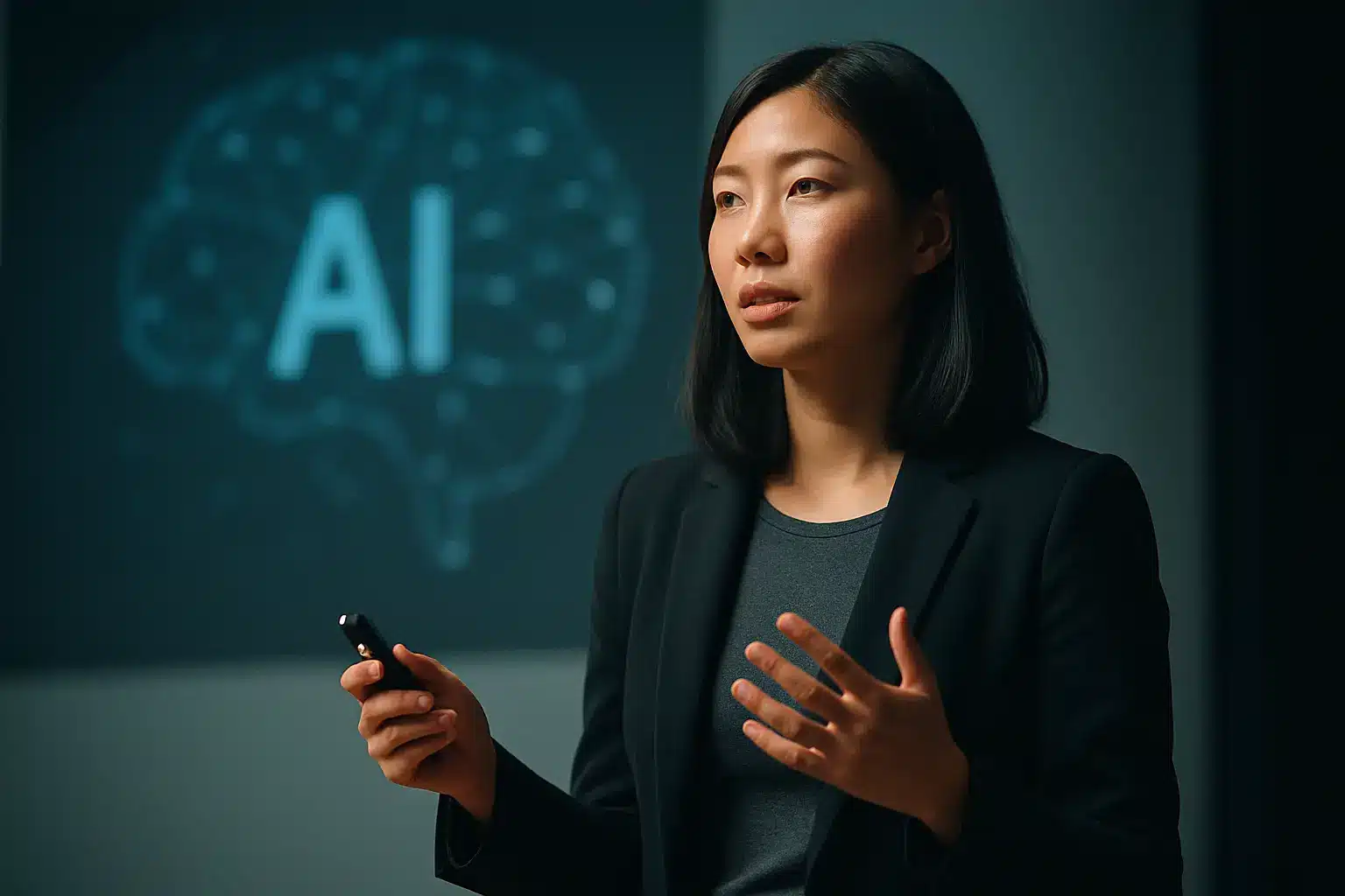 Karen Hao at MAICON 2026 presenting 'Rethinking AI narratives for business' to a business audience