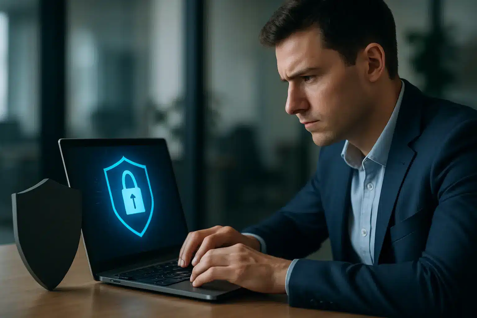 Illustration of AI-powered cyber defense showing ChatGPT native protections, AI agents for patching, and trusted access for security teams