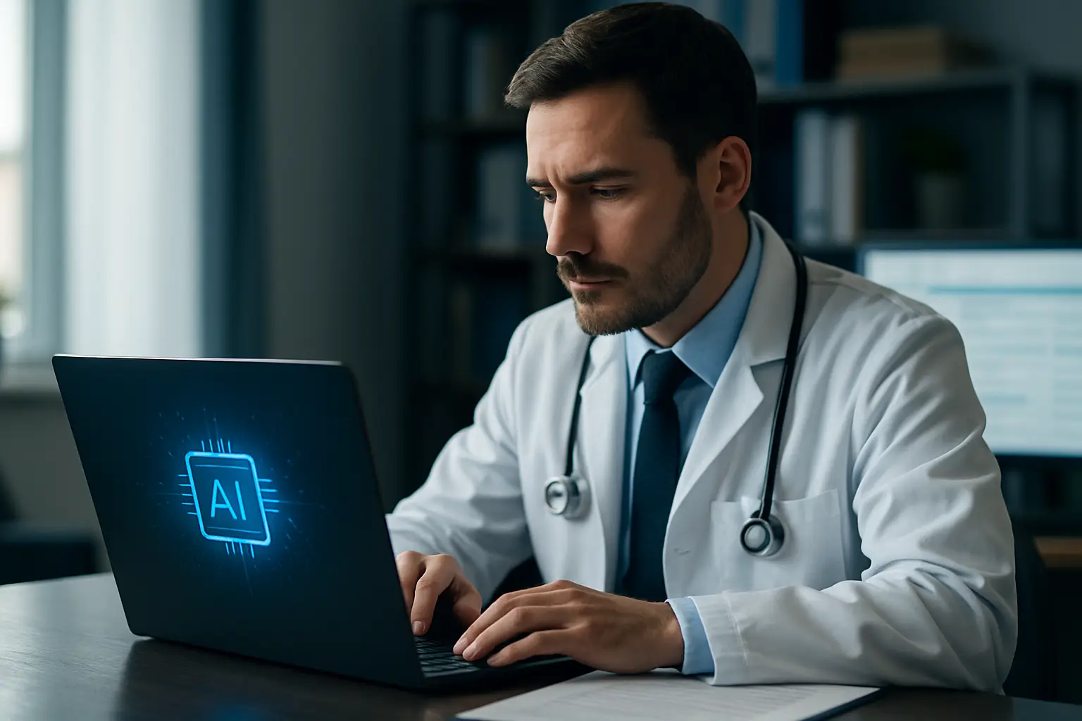 Clinician reviewing notes generated by HIPAA-compliant AI for clinicians with EHR integration, encryption, and audit trails