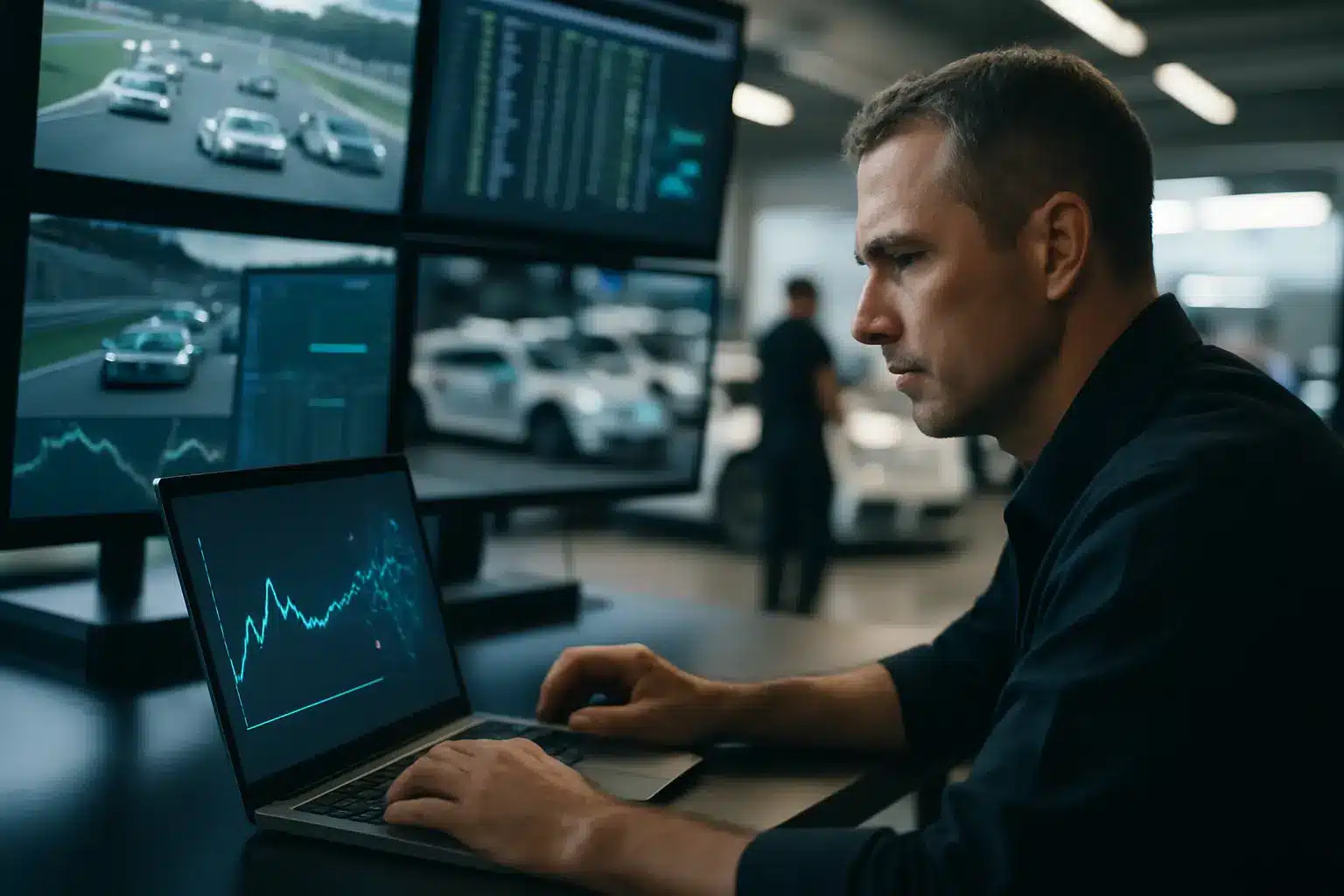Mechanic reviewing Power BI telemetry for Porsche Cup Brasil Azure AI race operations with live CAN bus metrics