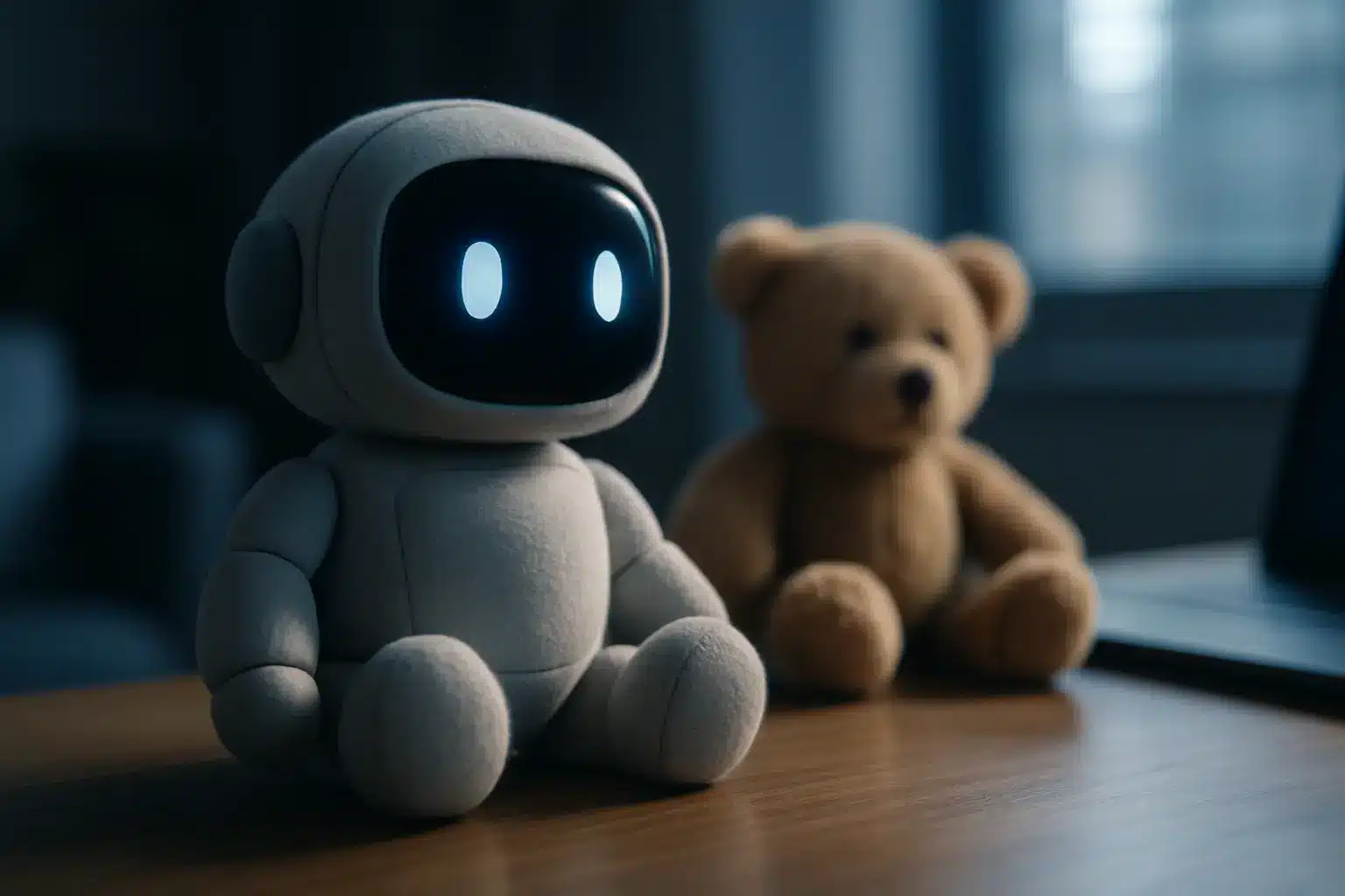 AI kids toys safety: child with a voice-enabled stuffed toy illustrating voice-cloning and privacy risks