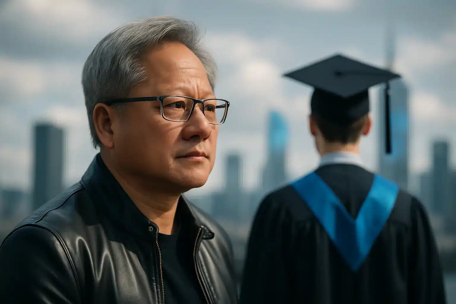 Graduates listening to Jensen Huang AI career advice during a commencement speech about AI career opportunities