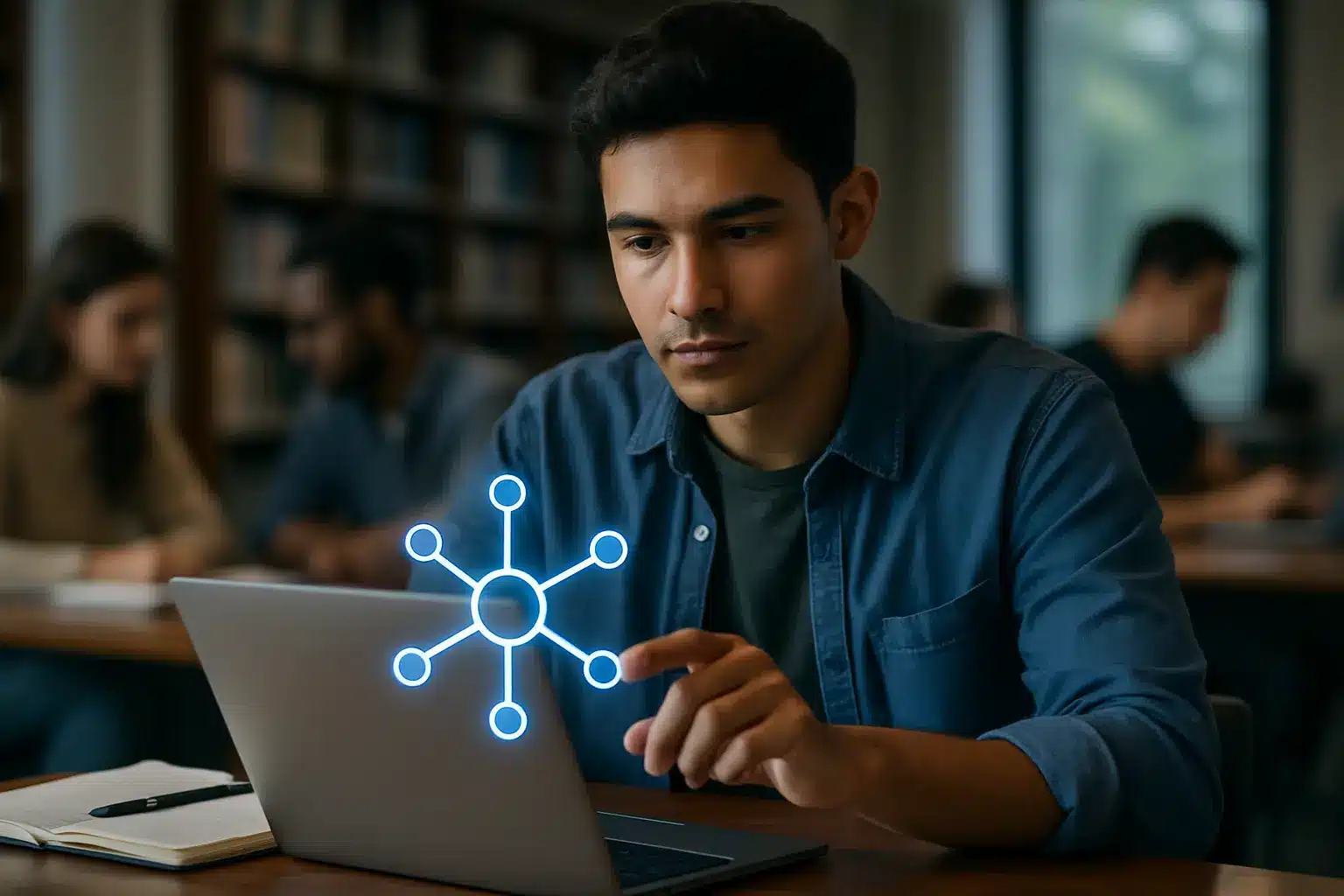 University students collaborating on laptops to prepare an OpenAI student club network application