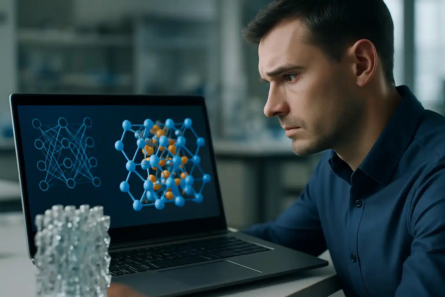 Crystal lattice visualization showing MatterSim-MT multi-task materials model predicting phonons and thermal transport properties