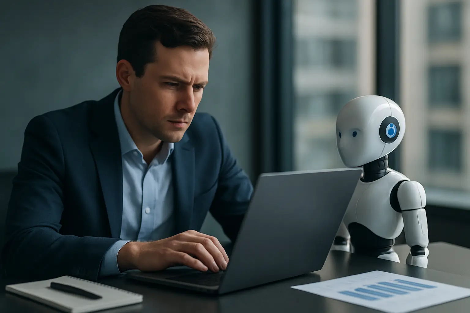 Team reviewing AI workflows in an office setting, illustrating AI impact on jobs for professionals