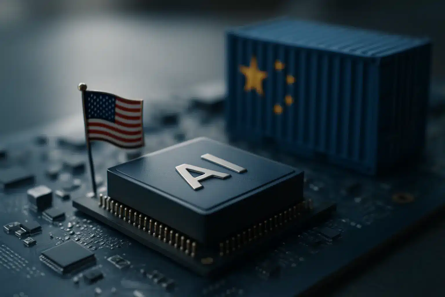Supply-chain map showing U.S. high-tech export controls on China affecting semiconductors and AI hardware