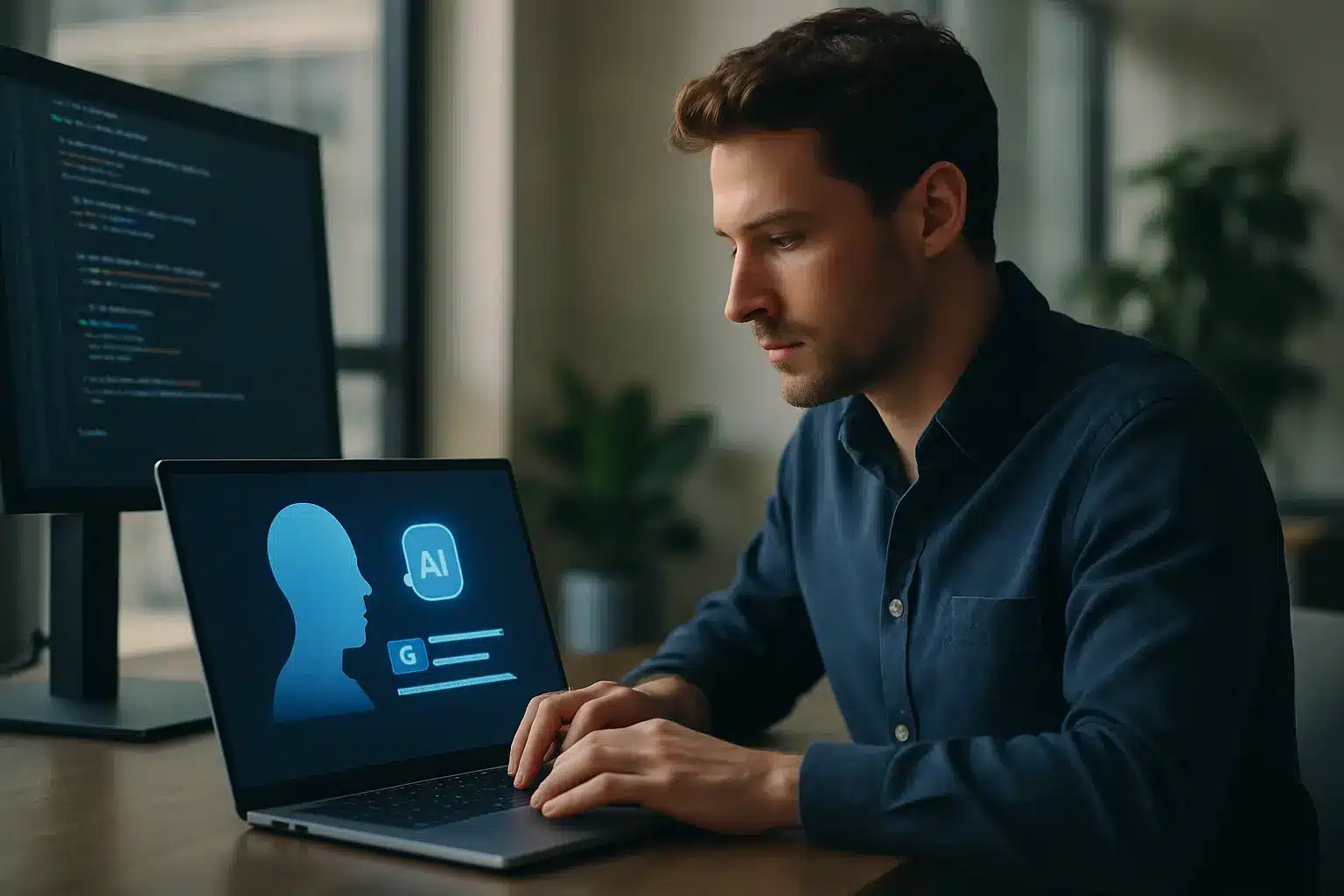 Non-technical founder at laptop using AI to generate code — vibe coding for non-technical founders building a prototype