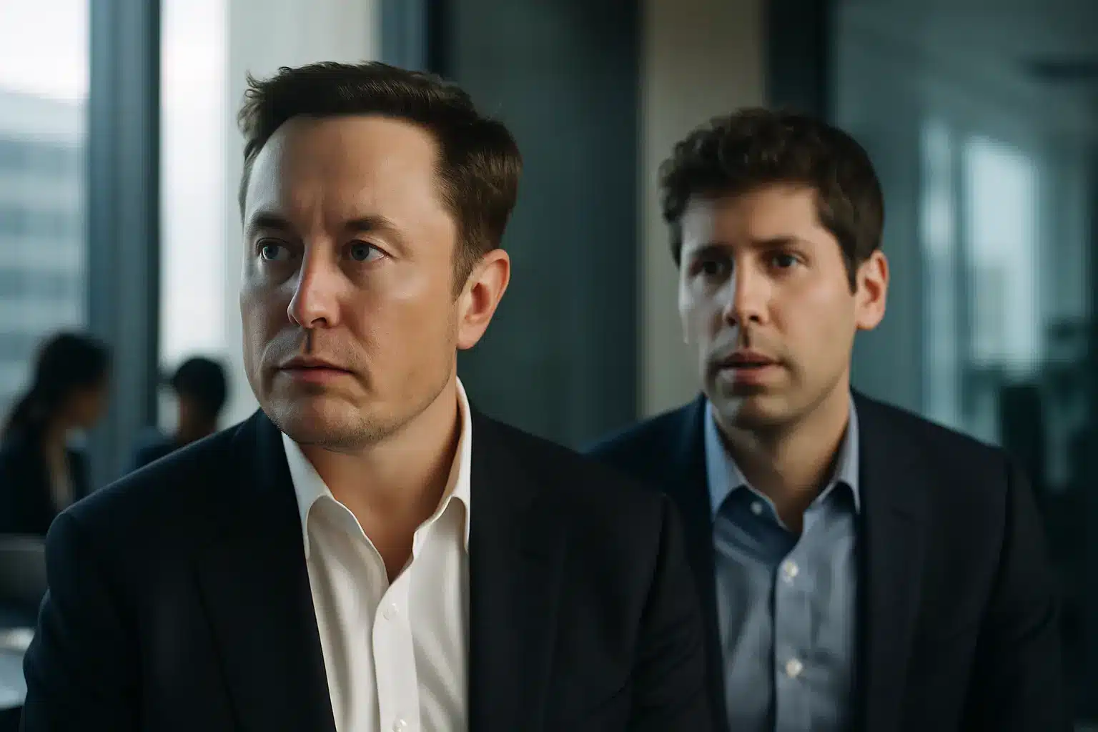 Courtroom illustration showing Musk v. Altman verdict implications for OpenAI with OpenAI logo and business stakeholders