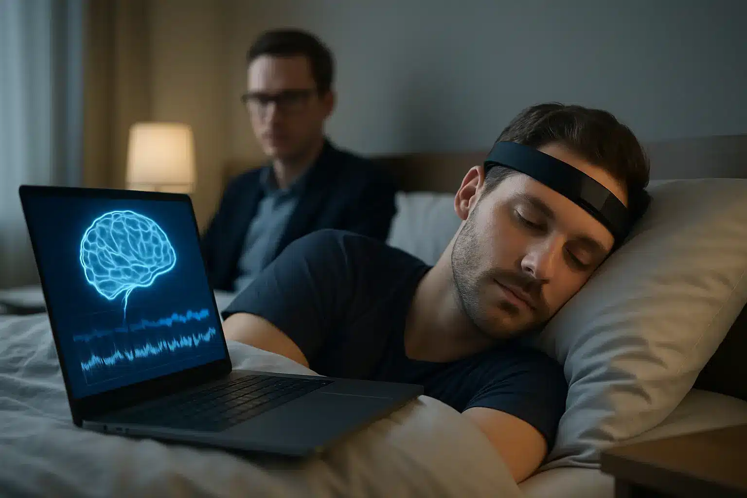 Participant wearing Waveband wearable EEG for sleep mapping with AI analytics dashboard showing EEG sleep biomarkers